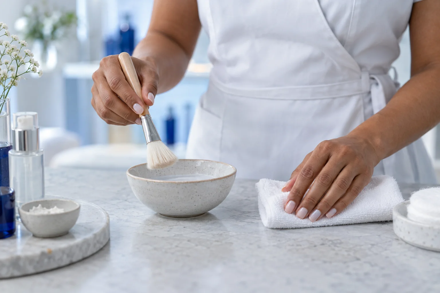 Mãos de uma profissional preparando um cuidado facial com pincel, tigela de cerâmica e tecido branco.