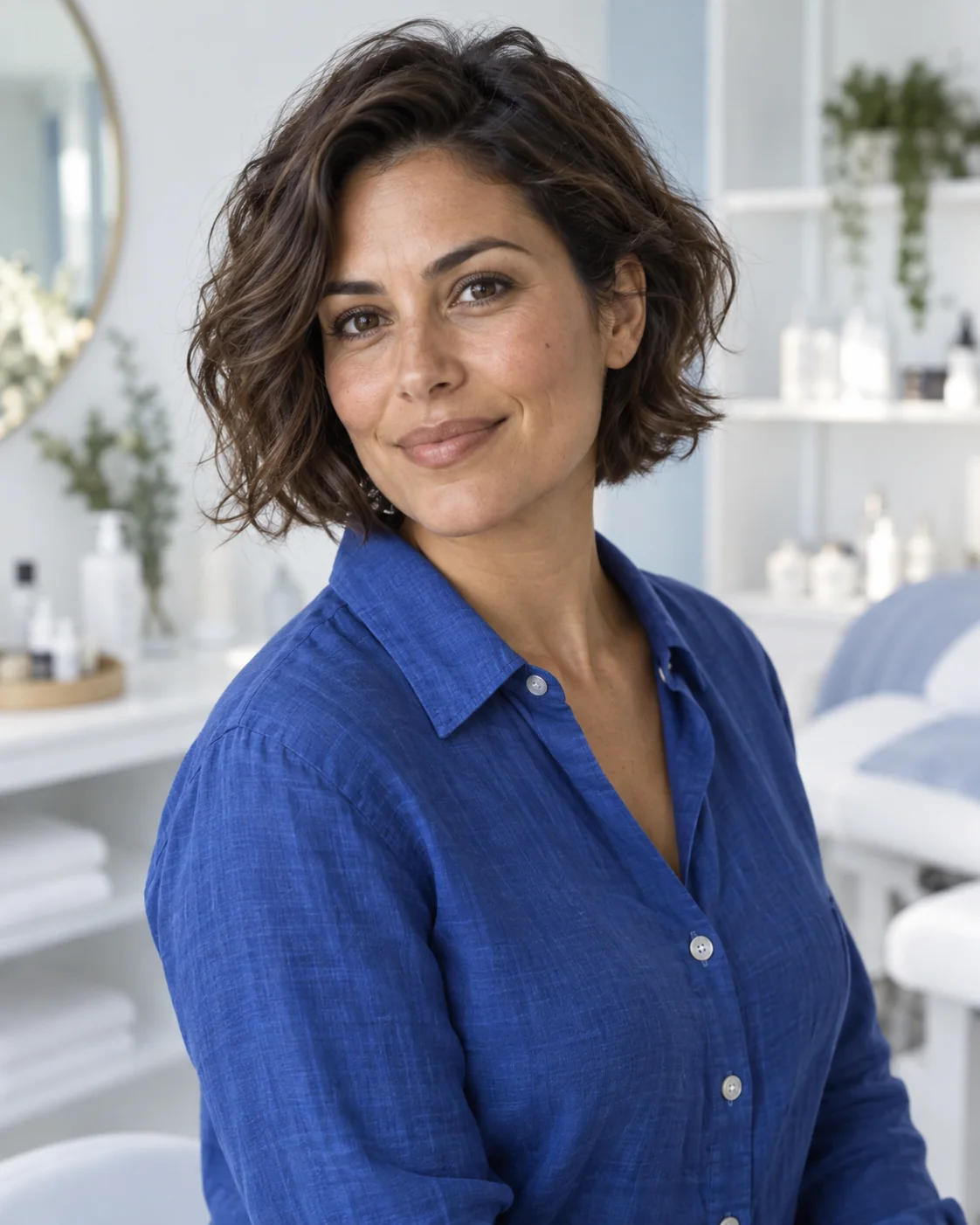 Retrato de uma profissional fictícia adulta de pele morena oliva, cabelo castanho escuro curto e ondulado, usando blusa de linho azul.